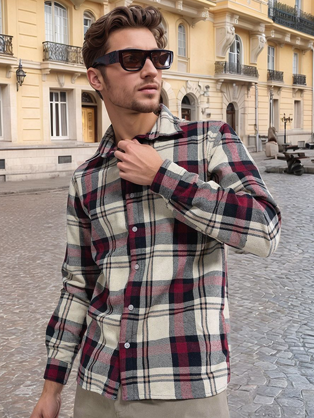 

HERE&NOW Men Spread Collar Tartan Checked Cotton Casual Shirt, Off white