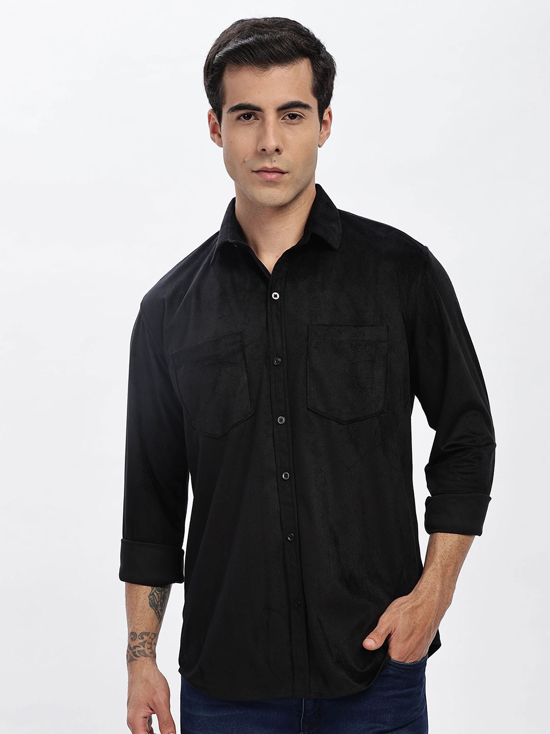 

BUMCHIQ Men Comfort Fit Spread Collar Solid Cotton Casual Shirt, Black