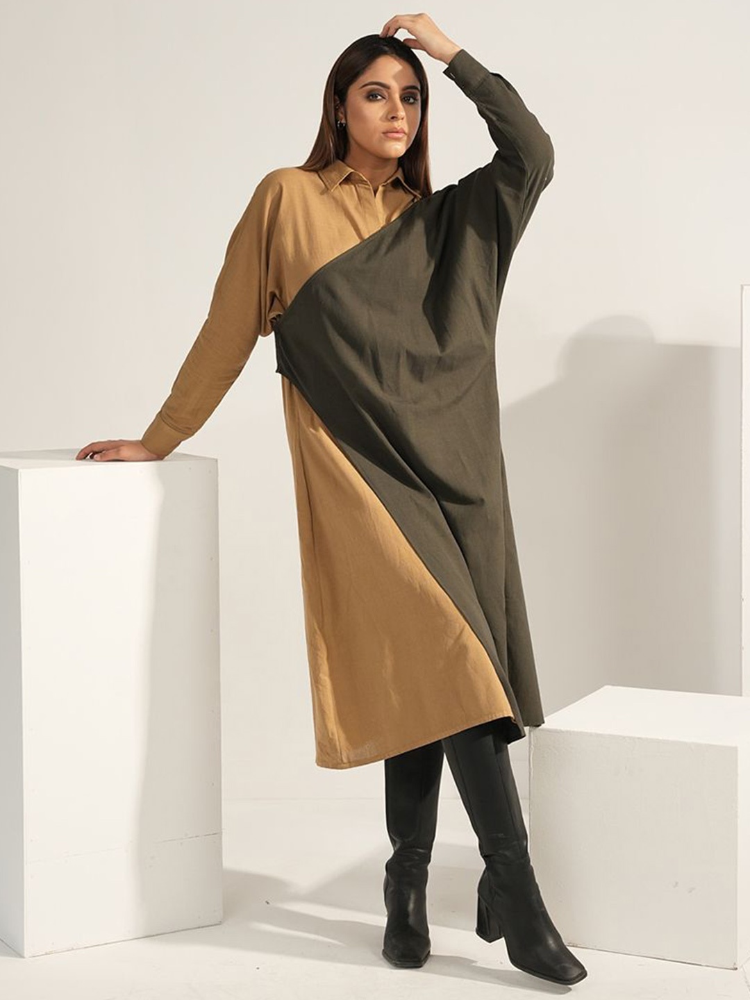 

Aamili Cotton A-Line Shirt Collar Midi Dress, Olive