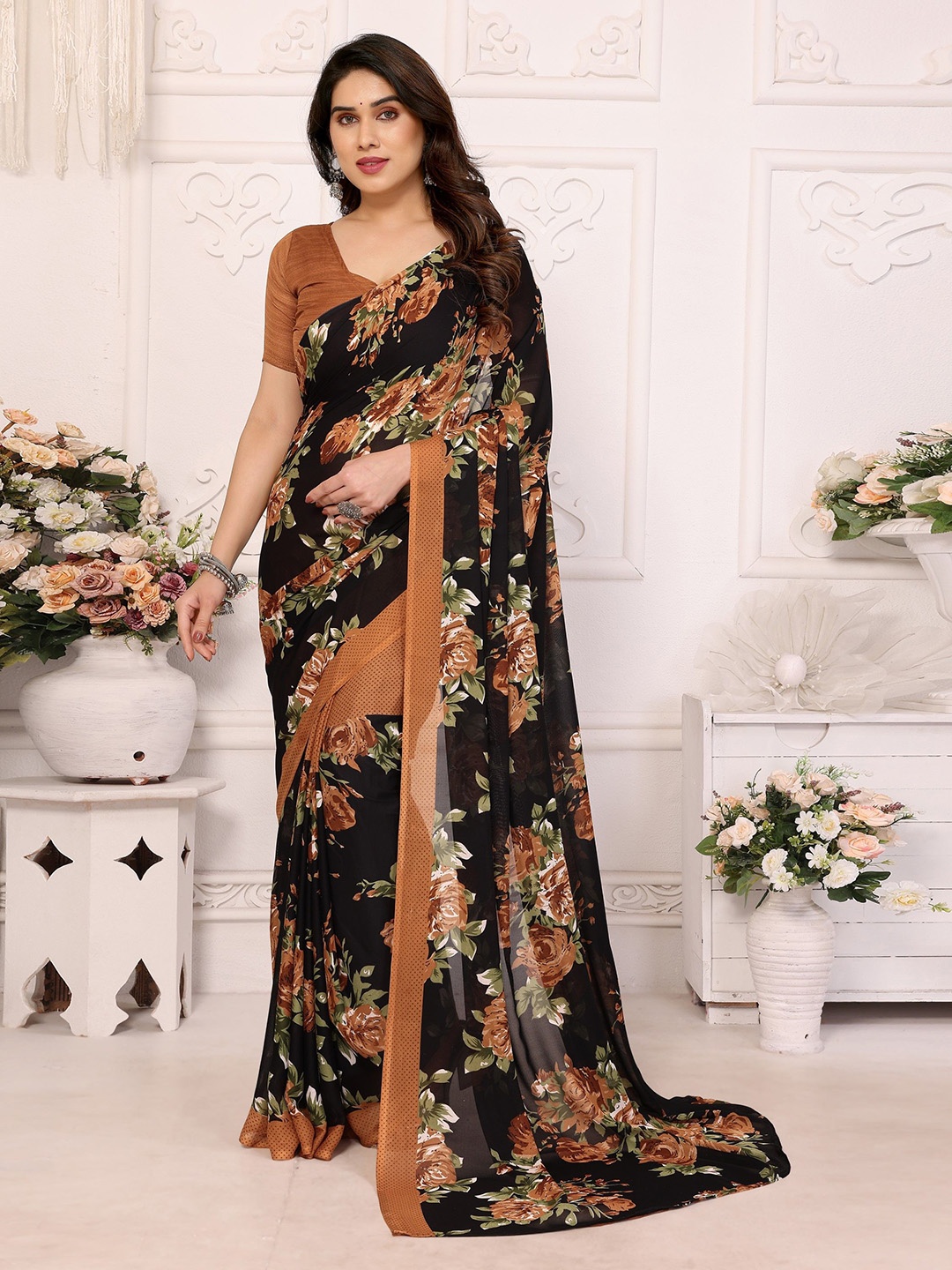 

Nirmohi Fashion Floral Printed Saree, Brown