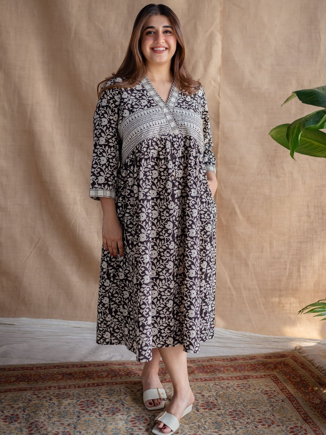 

THE INDIAN ETHNIC CO Women Floral Printed Cotton A-Line Midi Dress, Black