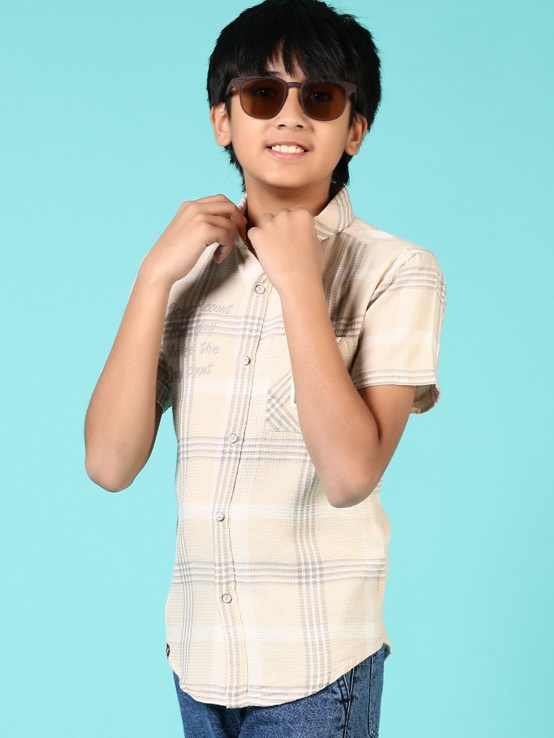 

V-Mart Boys Spread Collar Checked Cotton Casual Shirt, Beige