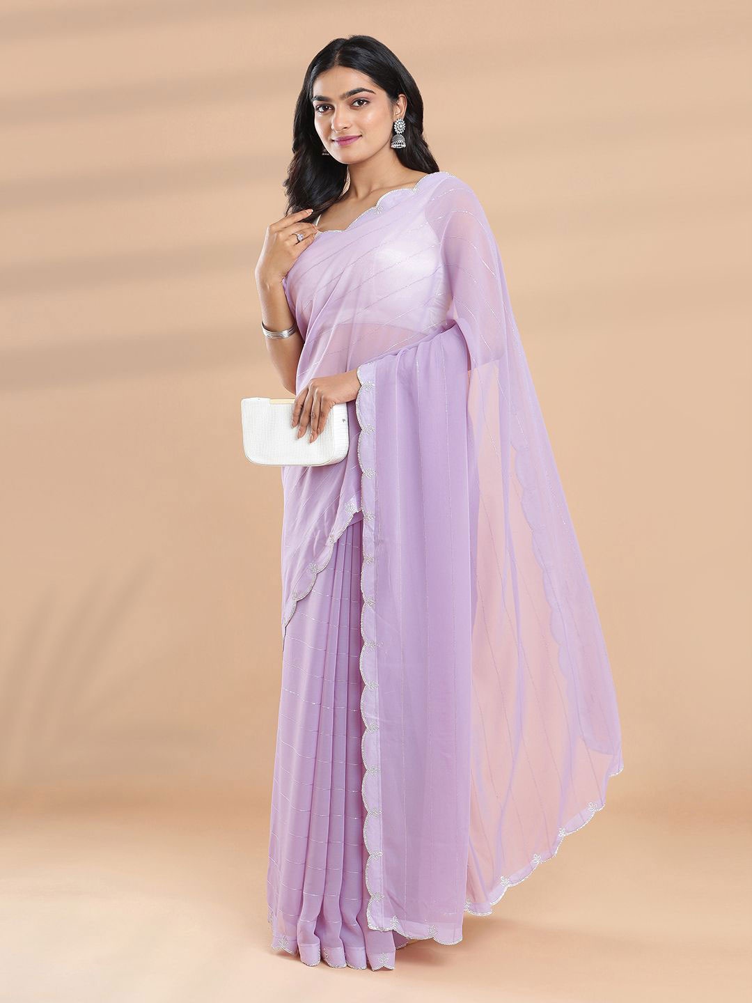 

Kalyan Silks Striped Sequinned Poly Georgette Saree, Lavender