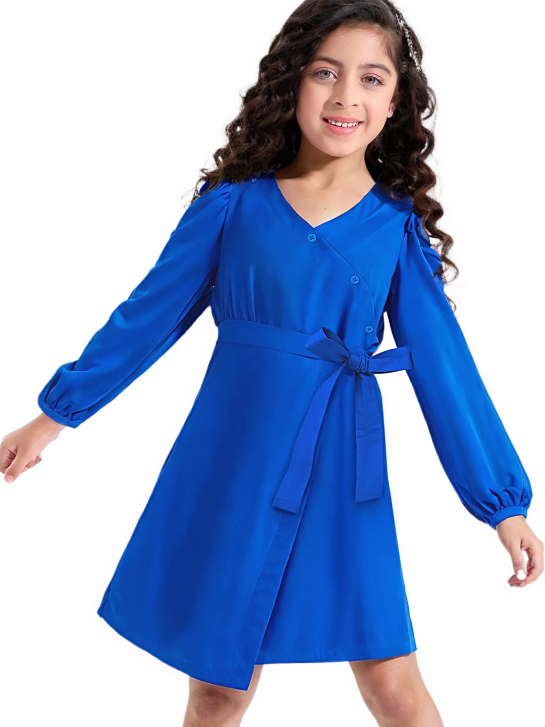 

Hola Bonita Girls V-Neck Pure Cotton Wrap Above Knee Dress, Blue