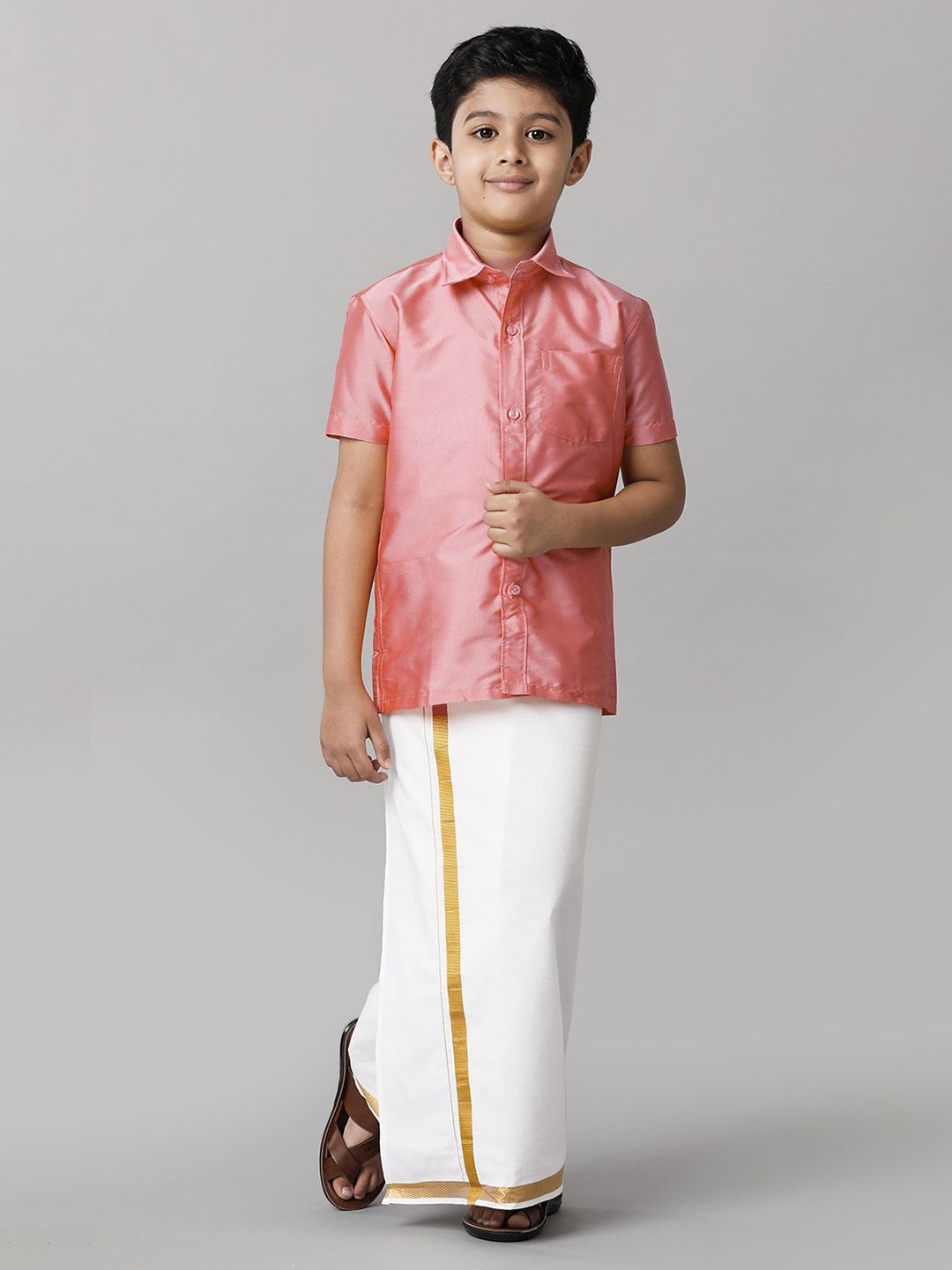 

Ramraj Boys Short Sleeves Shirt With Veshti, Pink