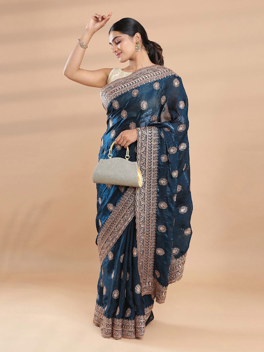 

Kalyan Silks Floral Embroidered Poly Chiffon Saree, Navy blue