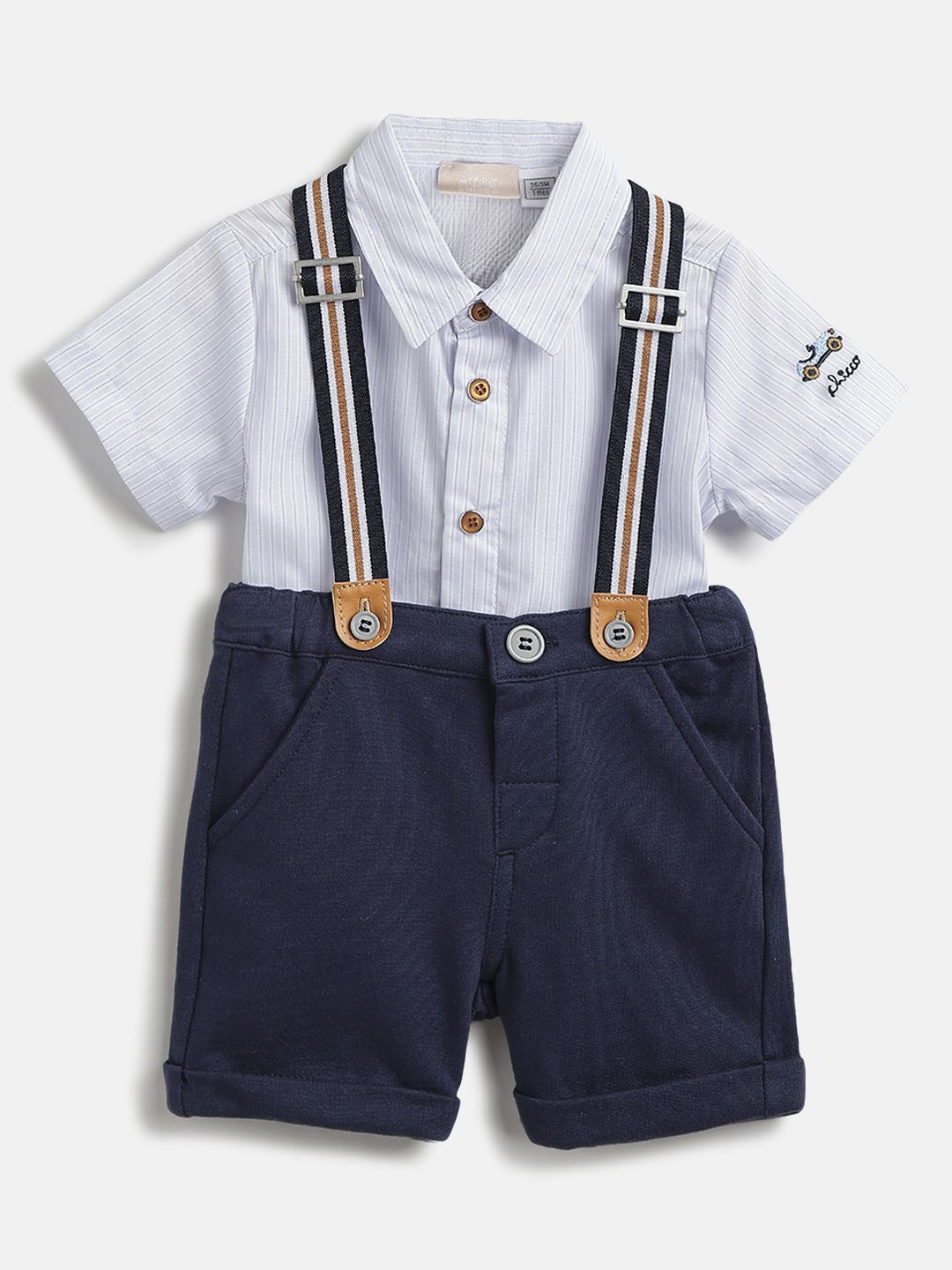 

Chicco Boys Striped Shirt Collar Shirt With Shorts And Suspenders, Navy blue