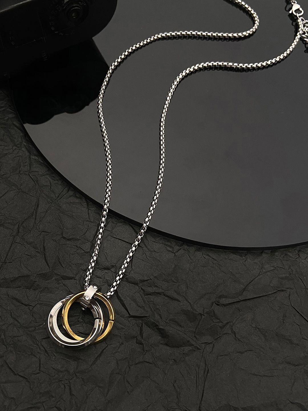 

Peora Men Silver-Plated Stainless Steel Fancy Ring Style Circular Pendant with Chain