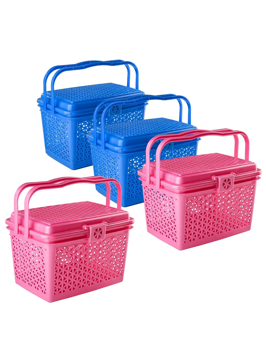 

Kuber Industries Pink 4 Pieces Checked Multipurpose Tote Basket with Lid