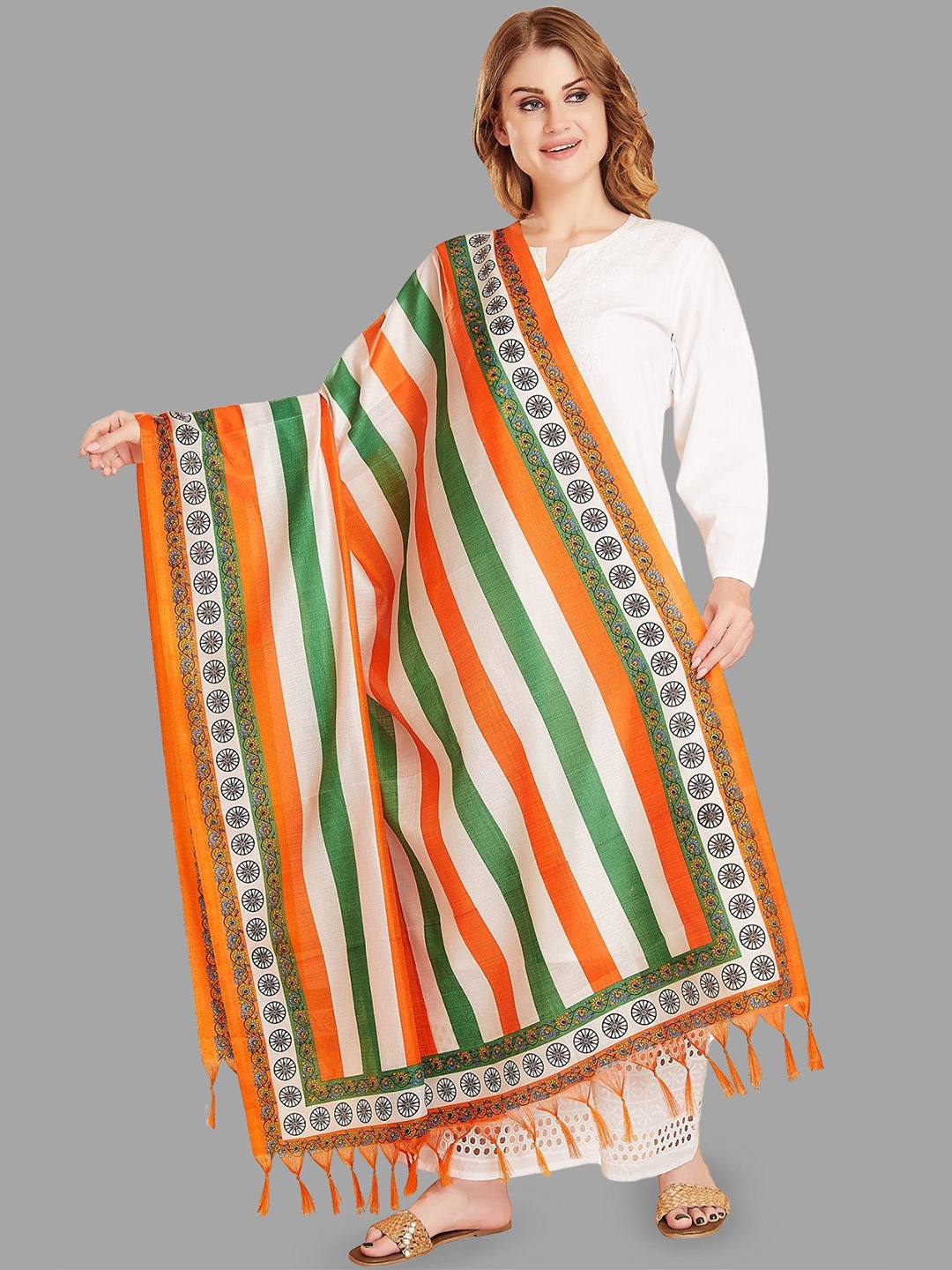 

Rani Saahiba Stripes Printed Tasselled Dupatta, White