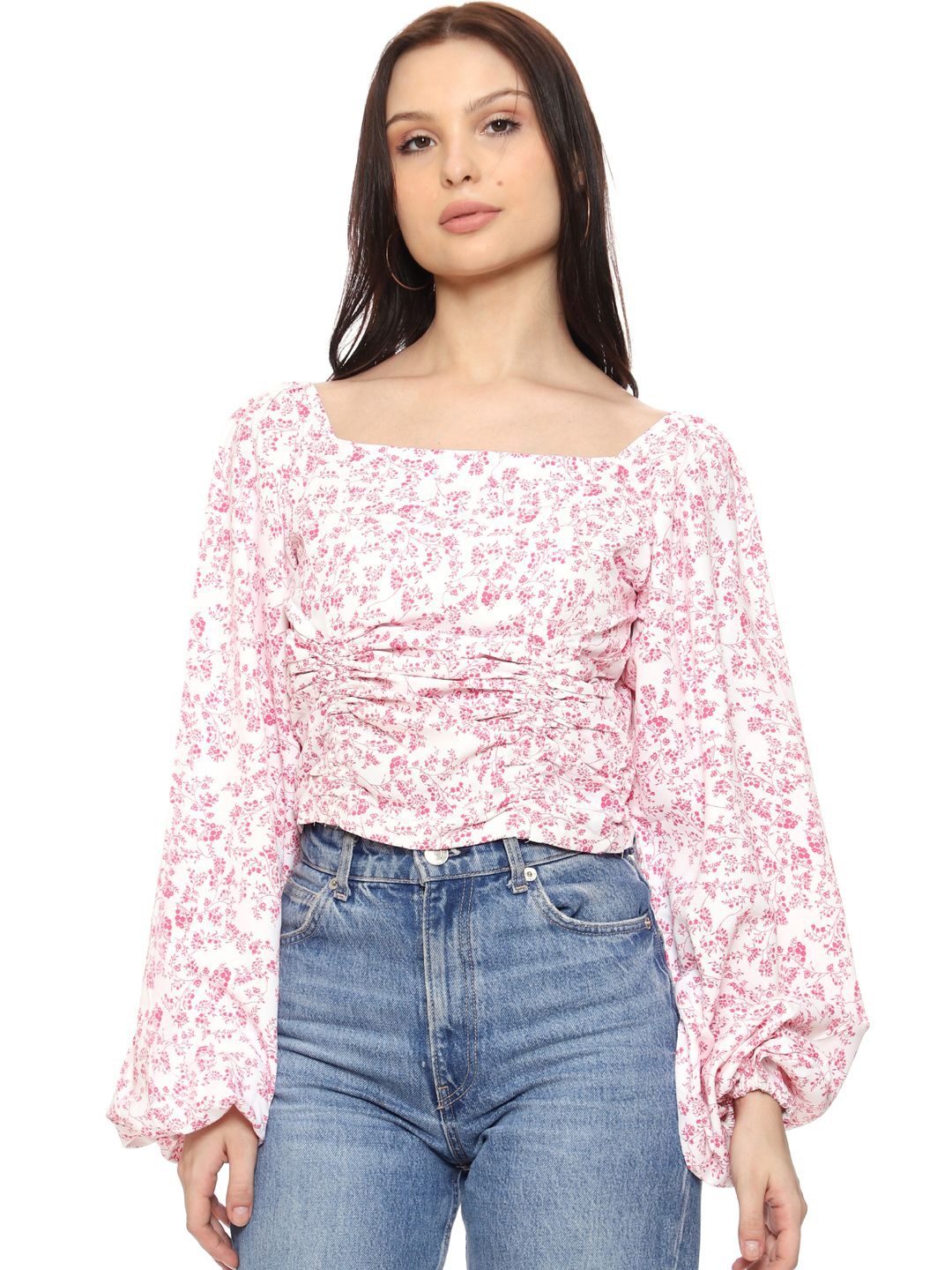 

SXV STYLE Floral Print Flared Sleeve Georgette Top, White