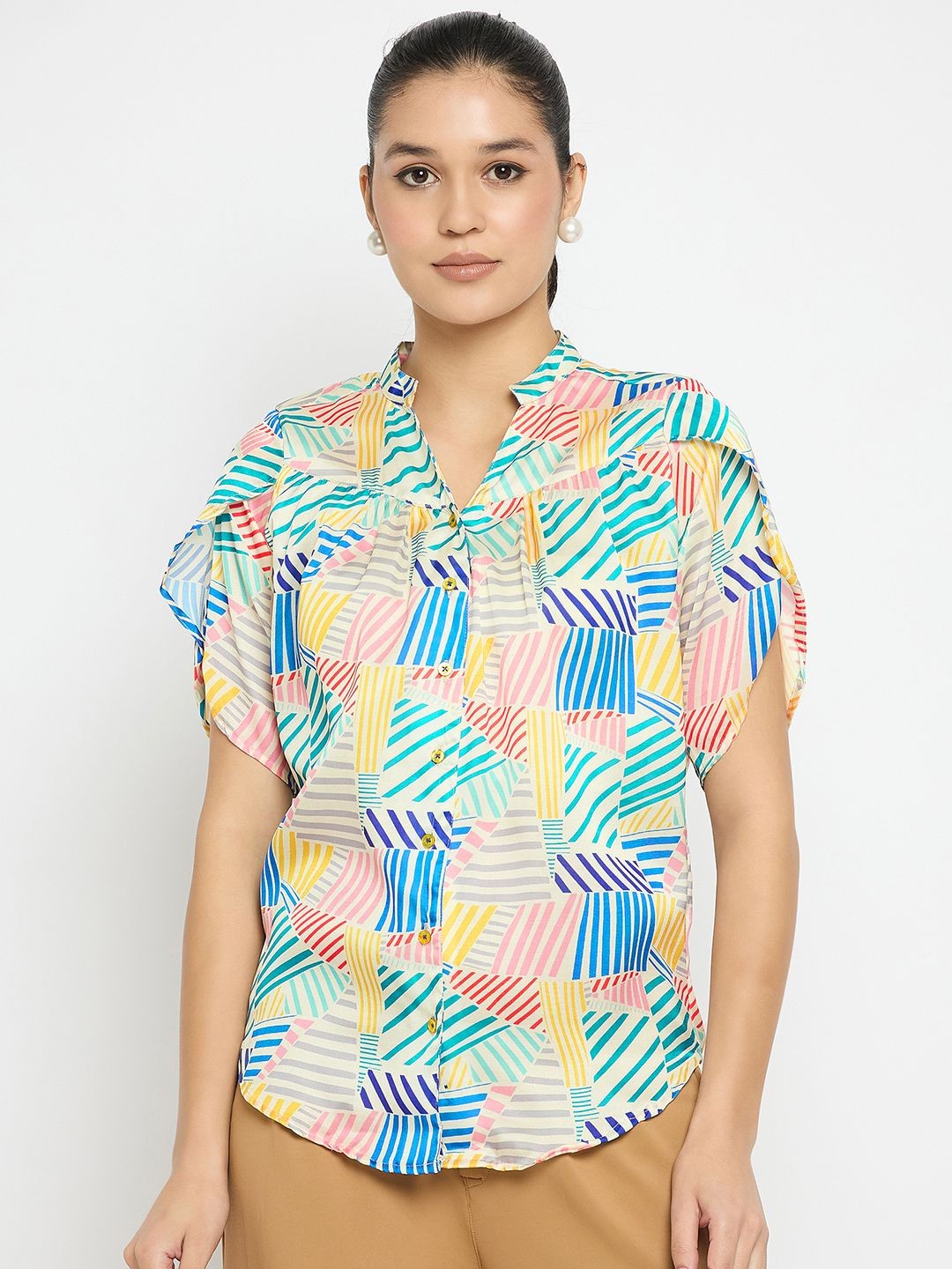 

Novio Women Printed Mandarin Collar Extended Sleeves Top, Multi