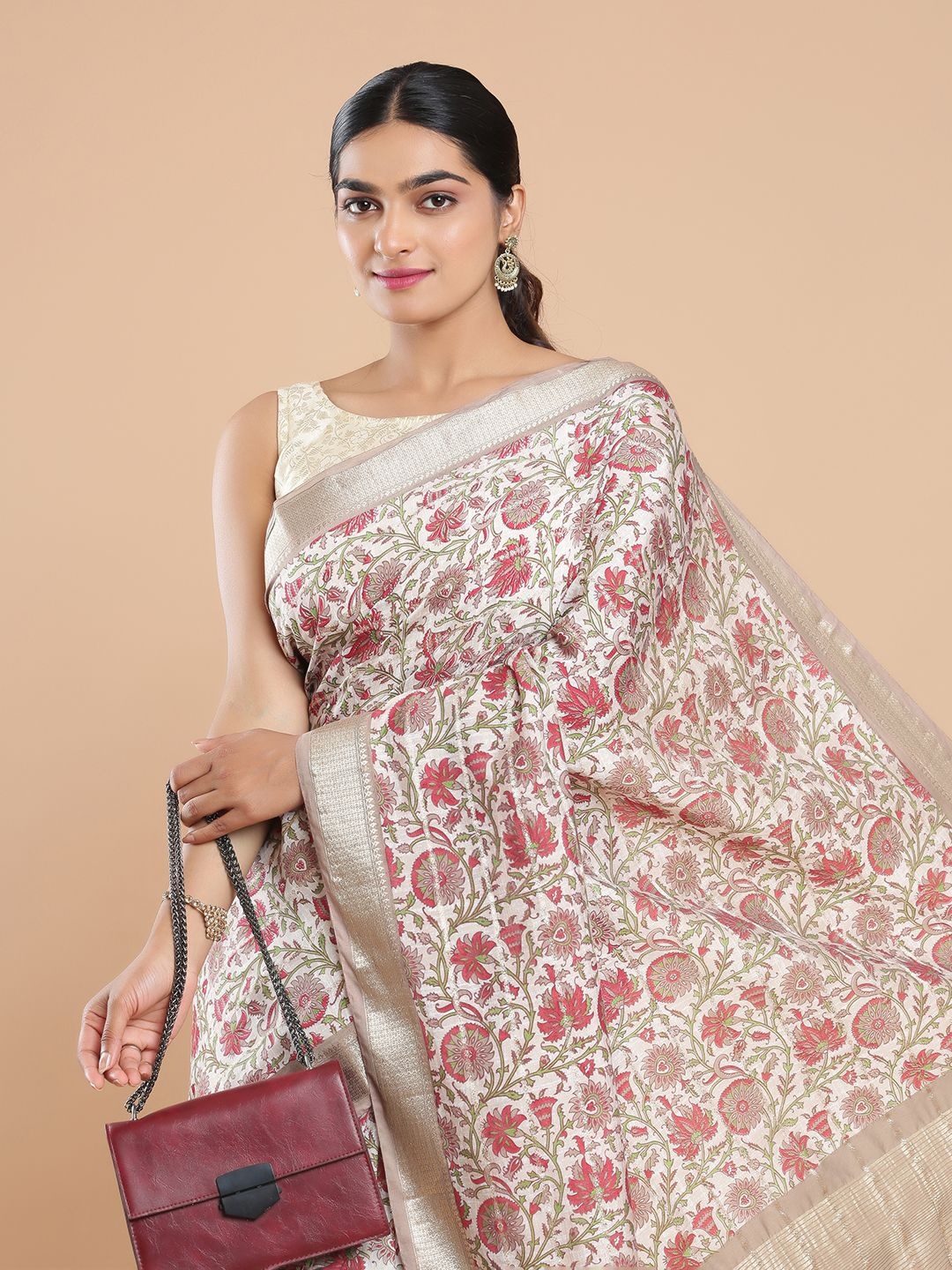 

Kalyan Silks Floral Zari Saree, Nude