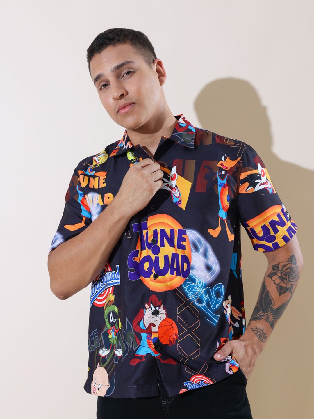 

HERE&NOW Men Spread Collar Graphic Printed Cotton Casual Shirt, Navy blue