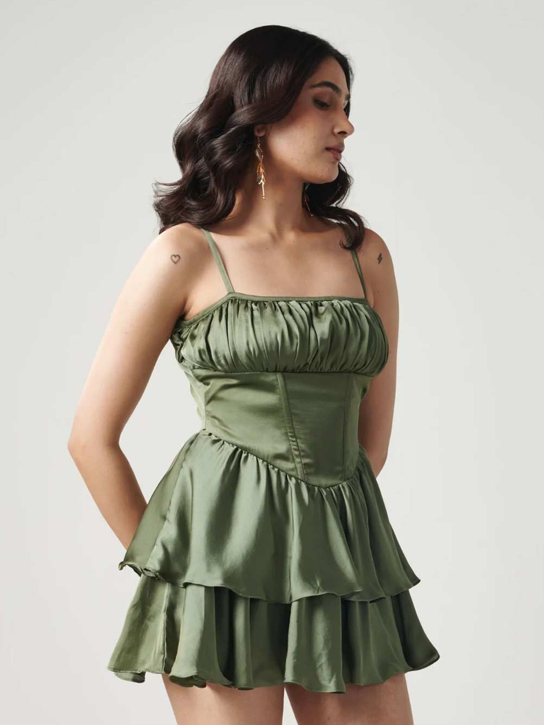 

Seoraa Women Satin Fit & Flare Mini Dress, Green