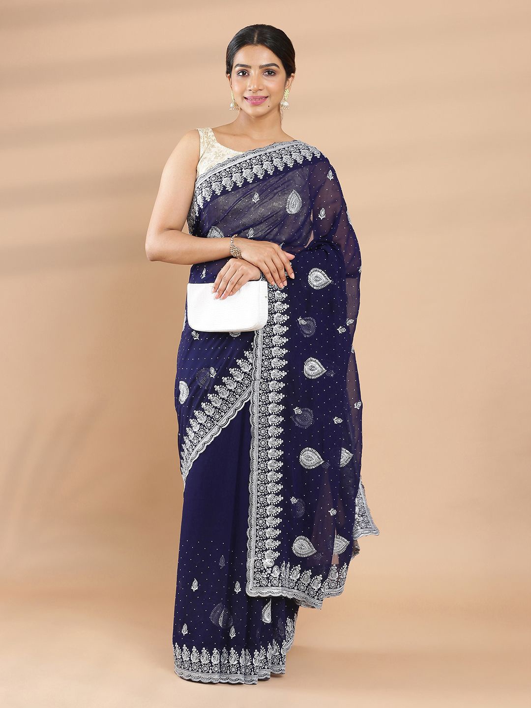 

Kalyan Silks Embellished Beads and Stones Poly Georgette Saree, Navy blue