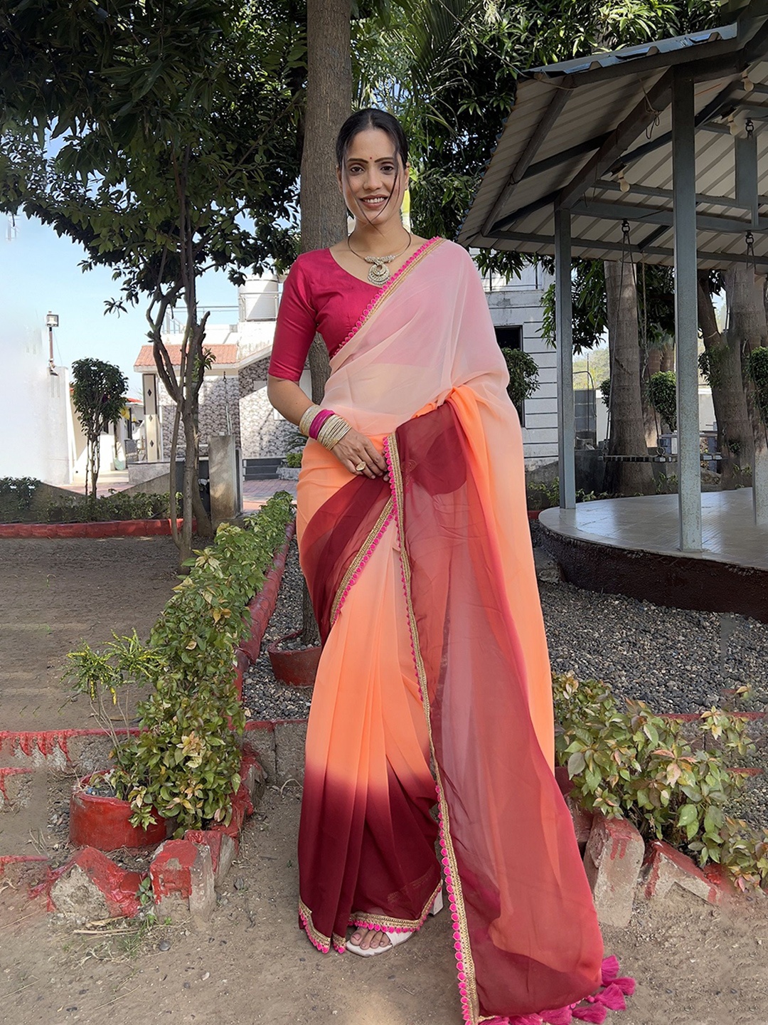 

APNISHA Ombre Embroidered Pure Georgette Saree, Orange