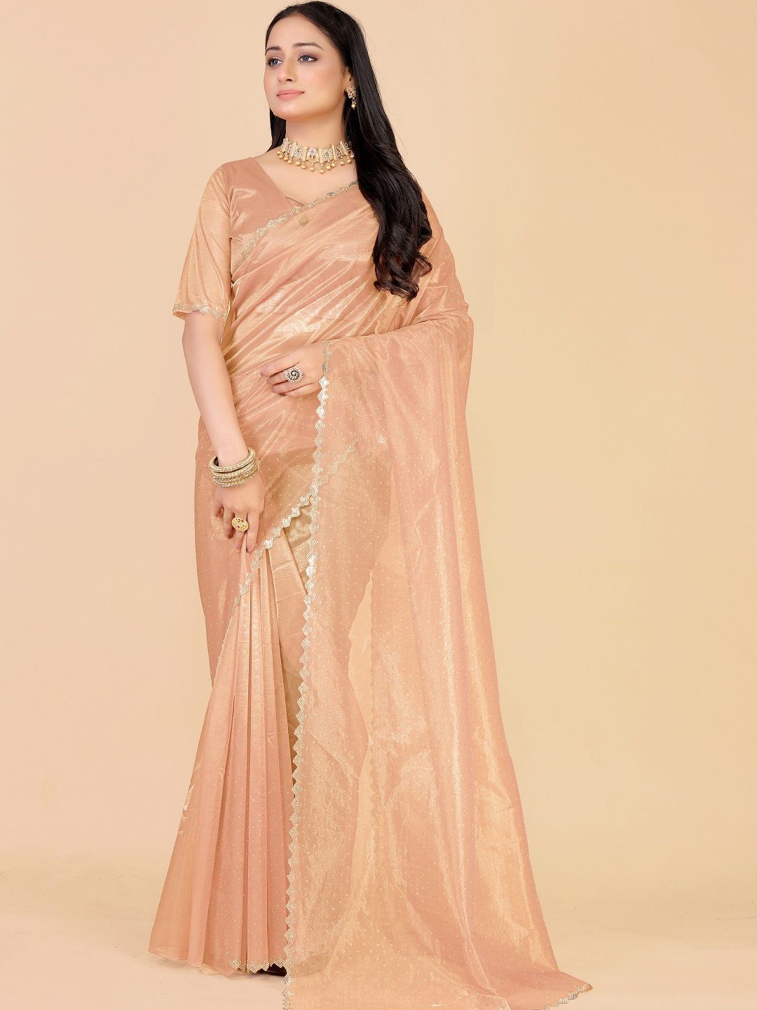 

HARIOM FASHION Beads and Stones Organza Bhagalpuri Saree, Peach