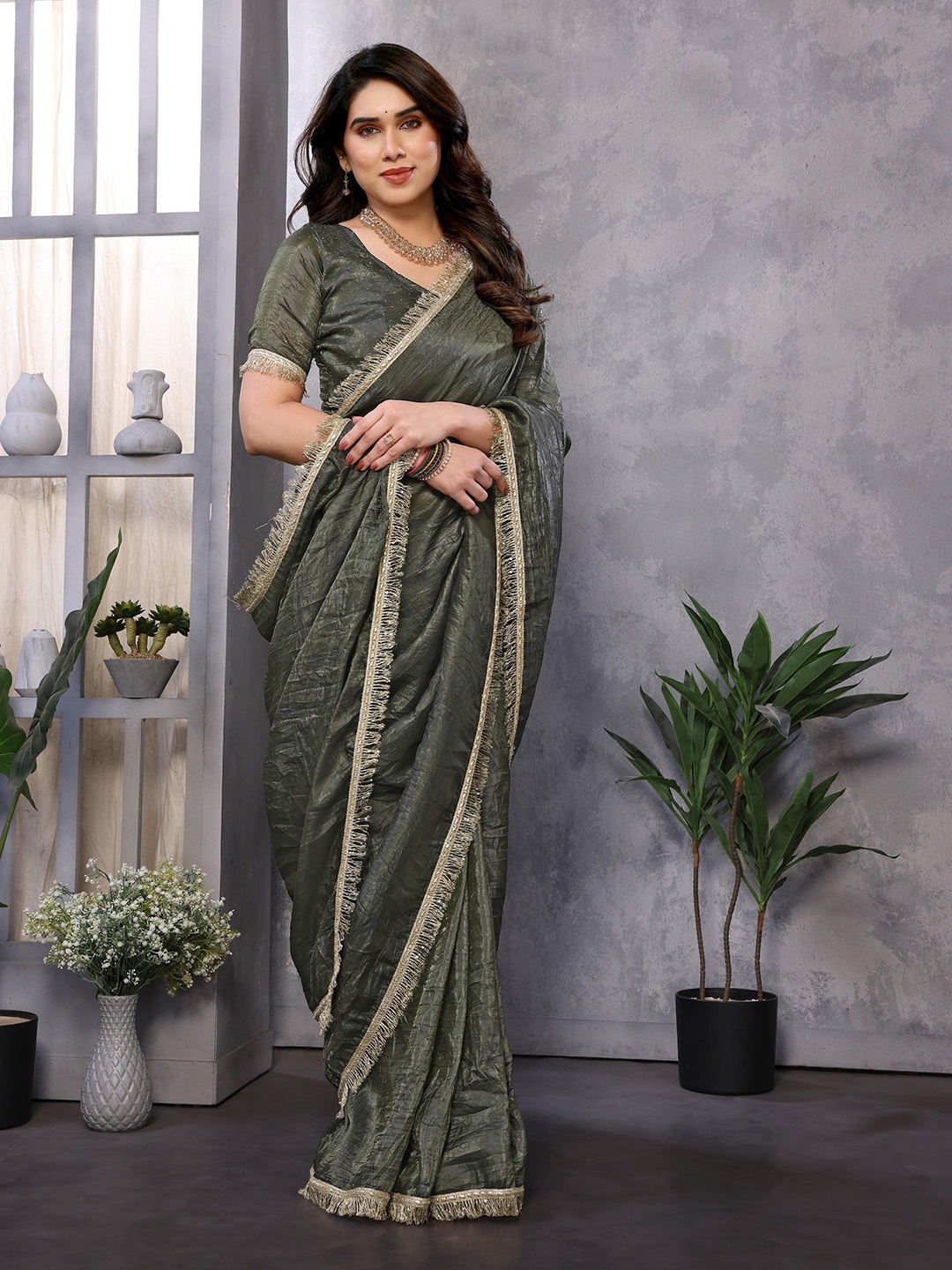 

Nirmohi Fashion Embroidered Pure Silk Saree, Olive
