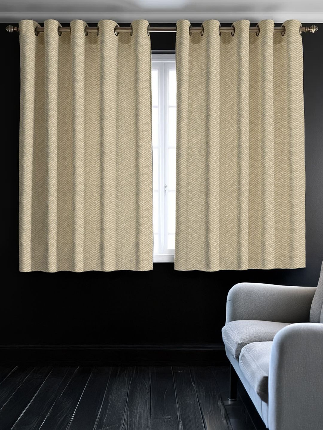 

URBAN SPACE Beige Set of 2 Self Design Black Out Window Curtains