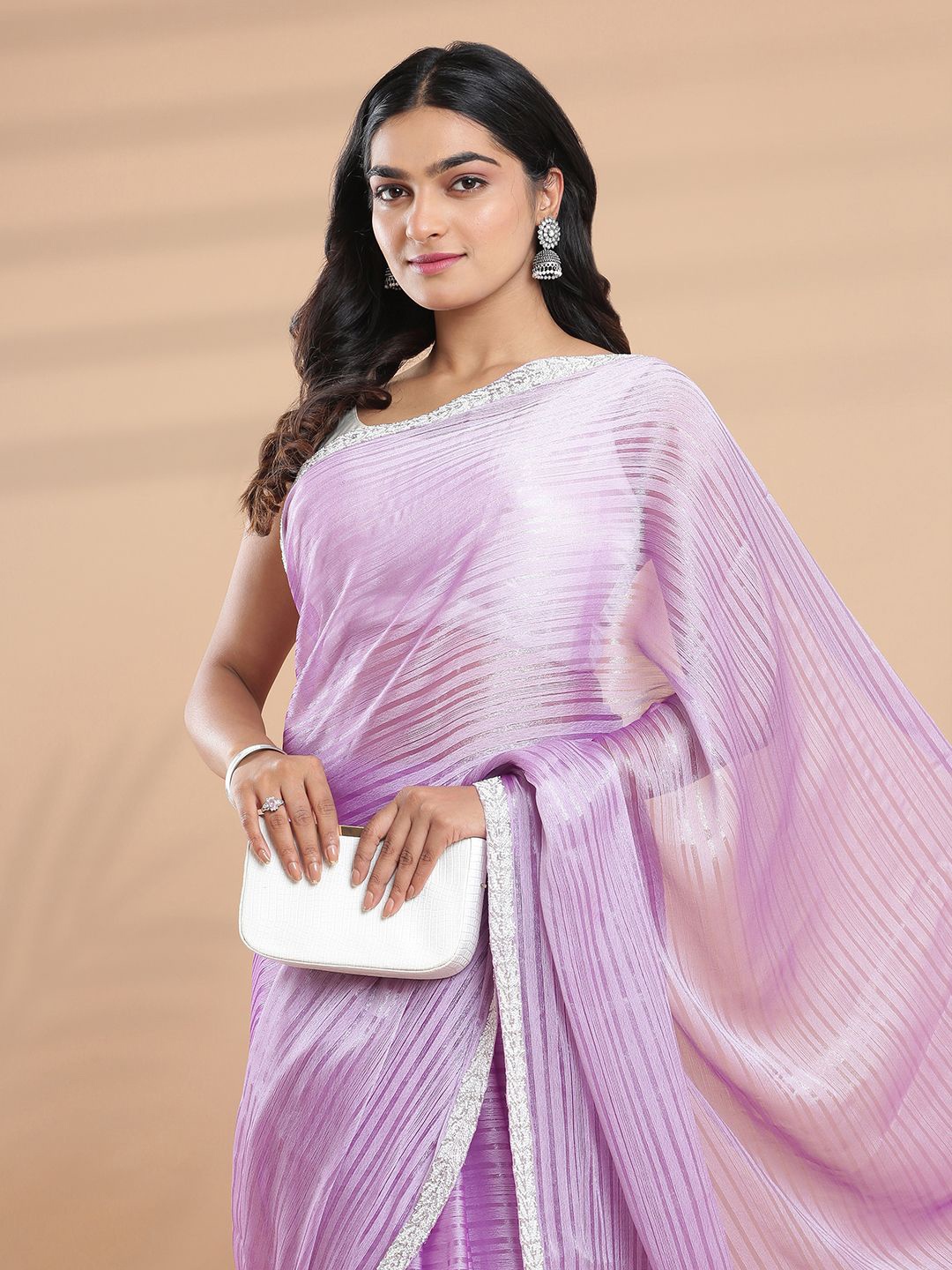 

Kalyan Silks Striped Poly Georgette Saree, Lavender