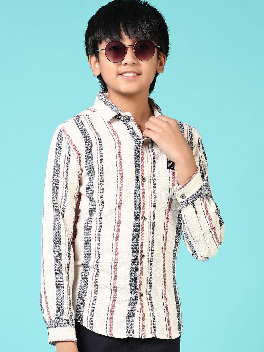 

V-Mart Boys Spread Collar Vertical Striped Cotton Casual Shirt, White