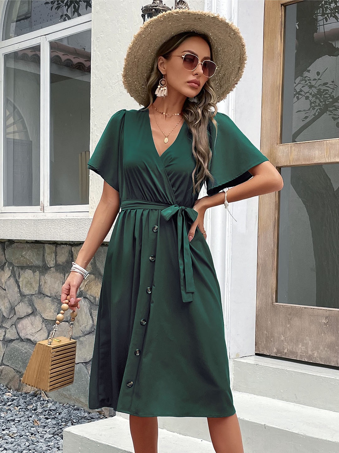 

DressBerry Button Detailing Flared Sleeves Midi Wrap Dress with Belt, Green