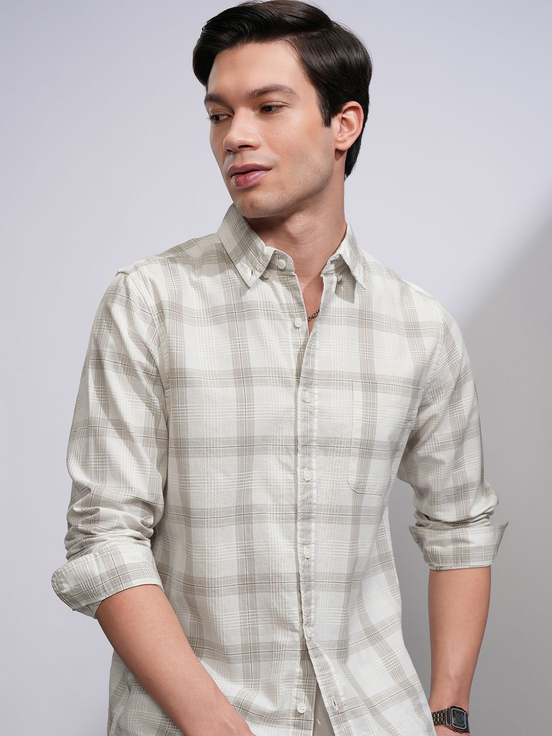 

HIGHLANDER Men Button-Down Collar Tartan Checked Cotton Casual Shirt, Off white