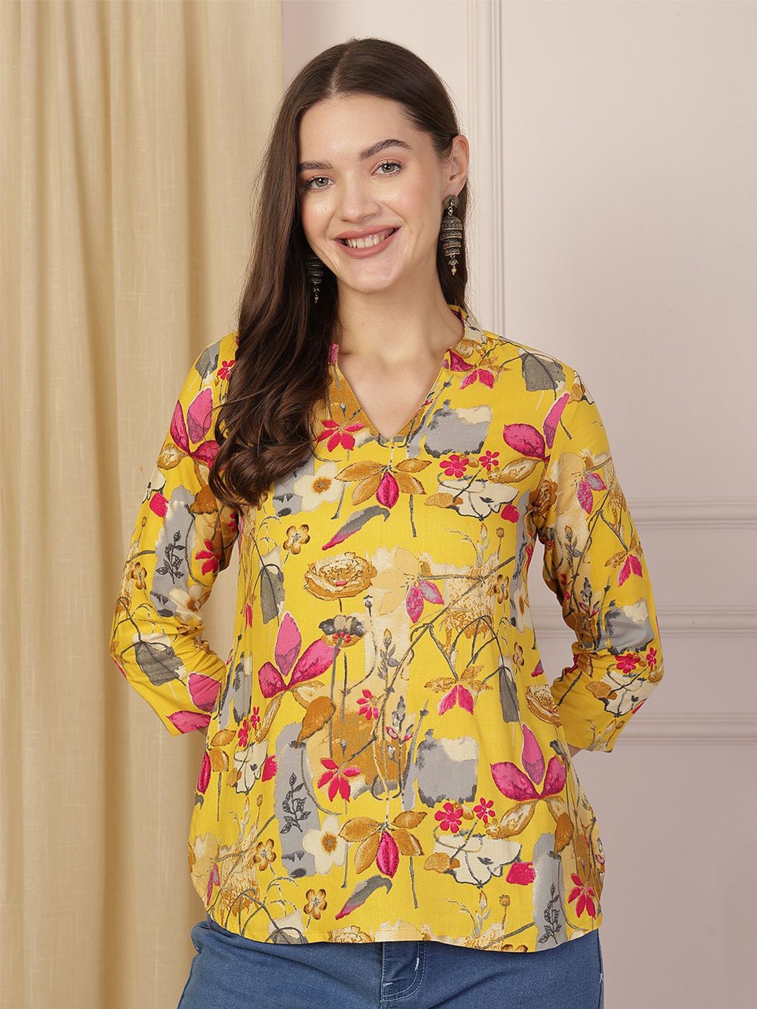 

Anouk Rustic Floral Print Mandarin Collar Top, Yellow