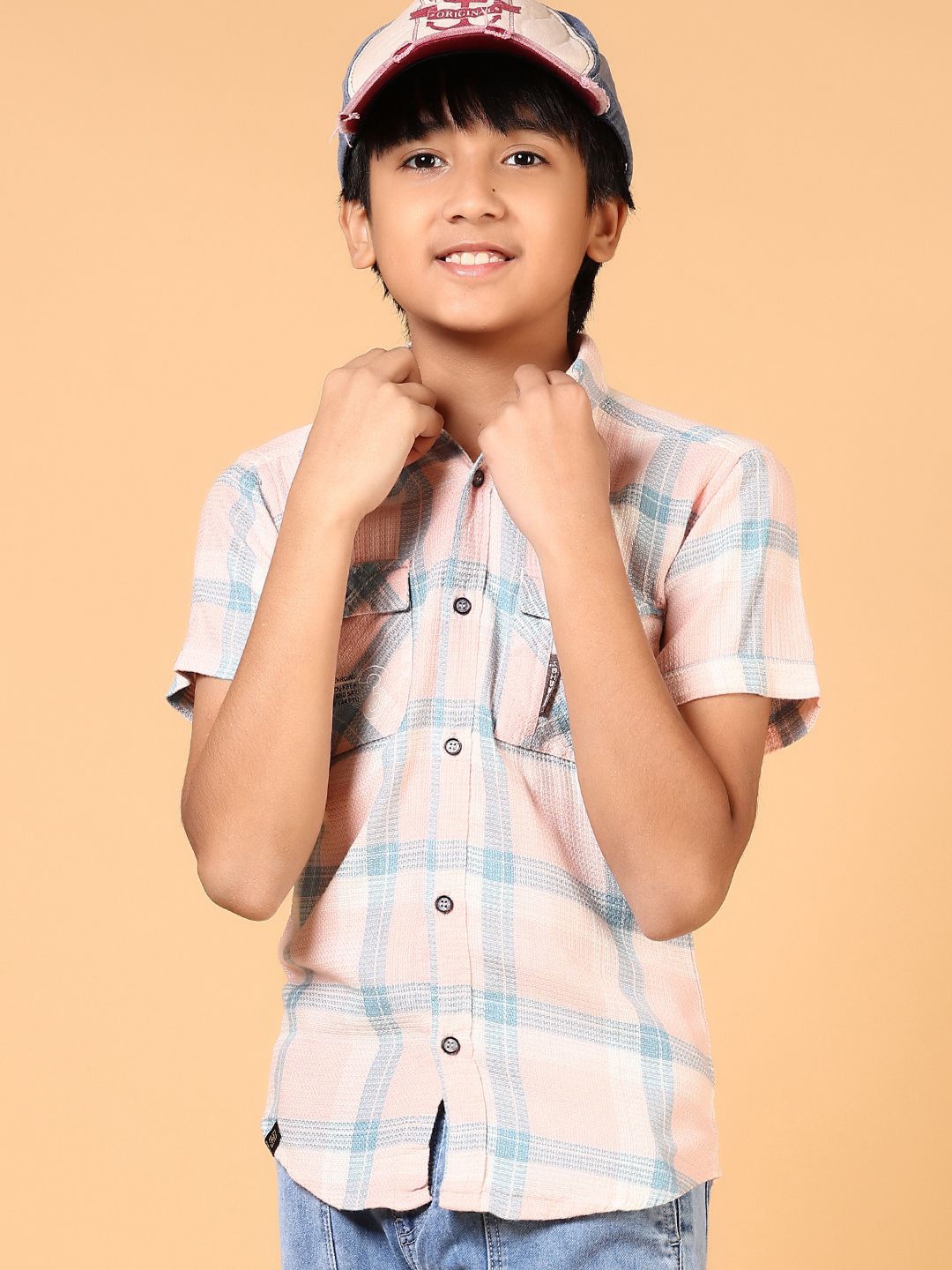 

V-Mart Boys Spread Collar Tartan Checked Cotton Casual Shirt, Peach