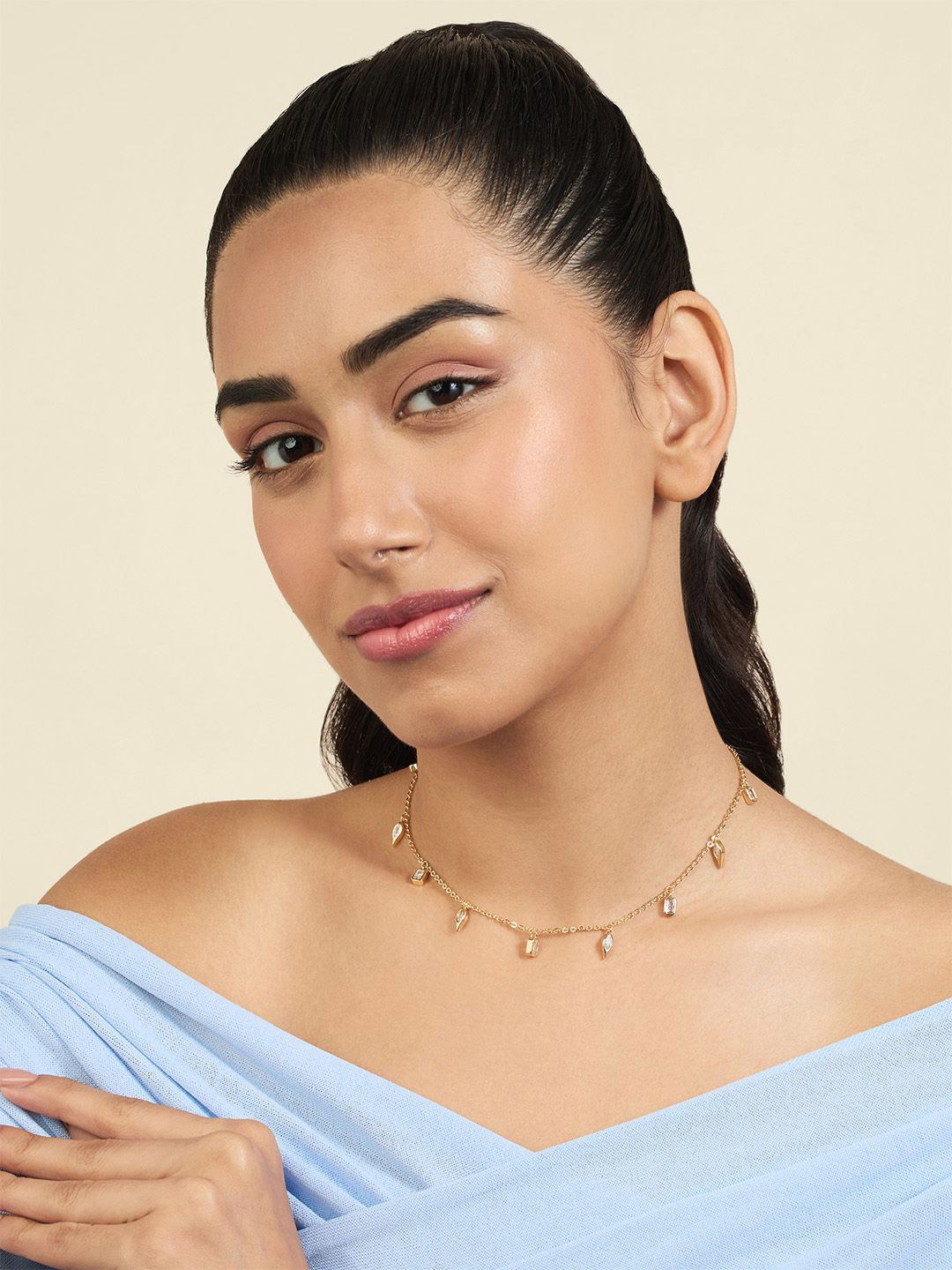 

Isharya Brass 18KT Gold-Plated Cubic Zirconia Studded Tennis Girlie Charm Choker Necklace