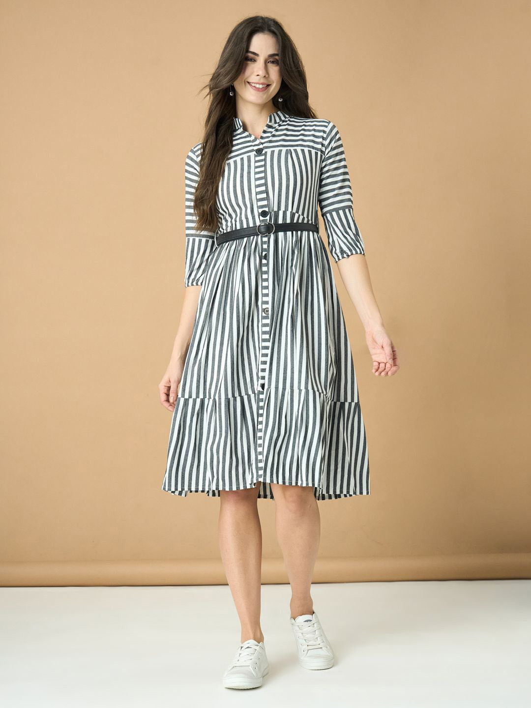 

YANAMORA Striped Puff Sleeve Fit & Flare Midi Dress, Grey