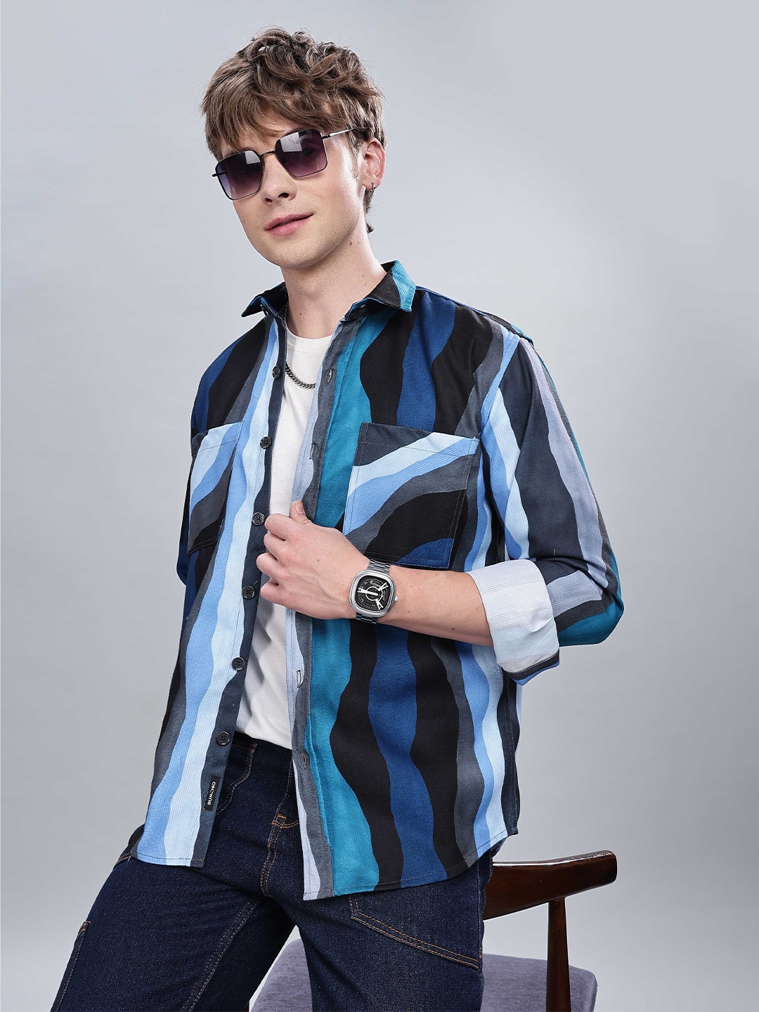 

BUMCHIQ Men Comfort Relaxed Fit Spread Collar Abstract Printed Casual Shirt, Blue