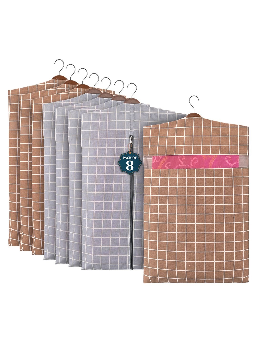 

Kuber Industries Grey 8 Pieces Regular Cotton Hanging Saree Cover Multi Utility Organisers
