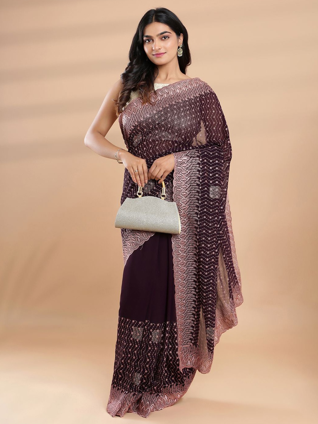 

Kalyan Silks Embellished Beads and Stones Poly Georgette Saree, Coffee brown