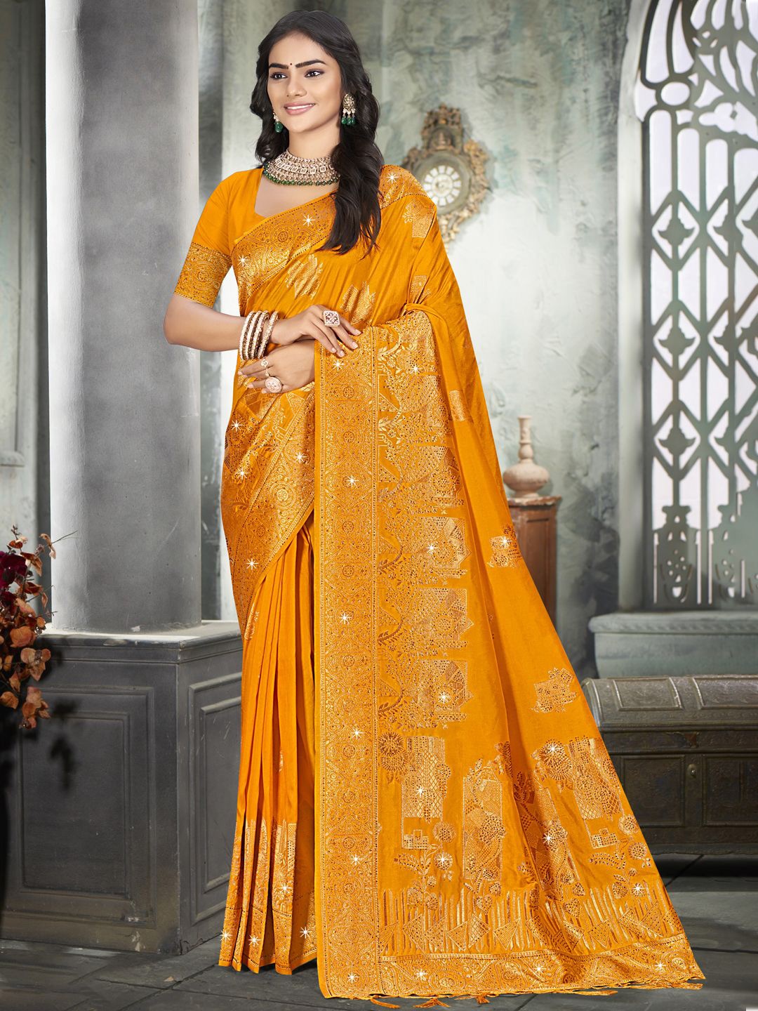 

SANGAM PRINTS Ethnic Motifs Zari Silk Blend Tussar Saree, Mustard