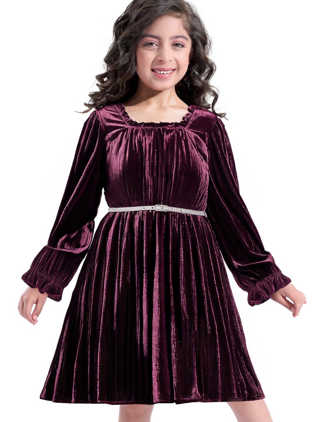 

Hola Bonita Girls Velvet A-Line Dress With Belt, Burgundy