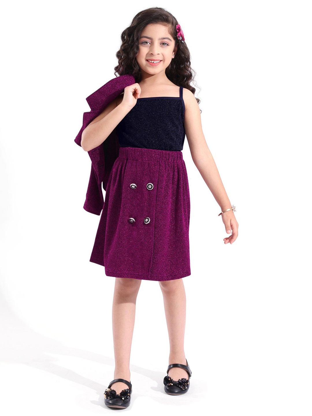 

Hola Bonita Girls Embellished Shoulder Straps Top With Skirt & Jacket, Magenta