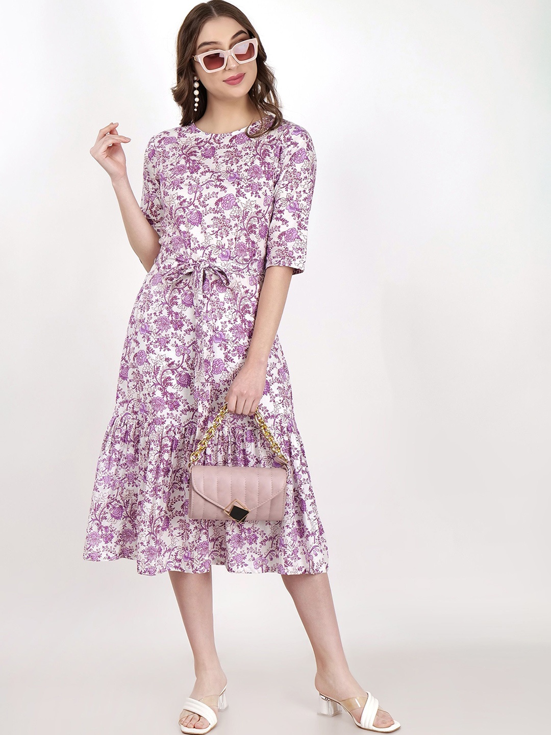 

Jivitha Women Colourblocked Fit & Flare Midi Dress, Purple