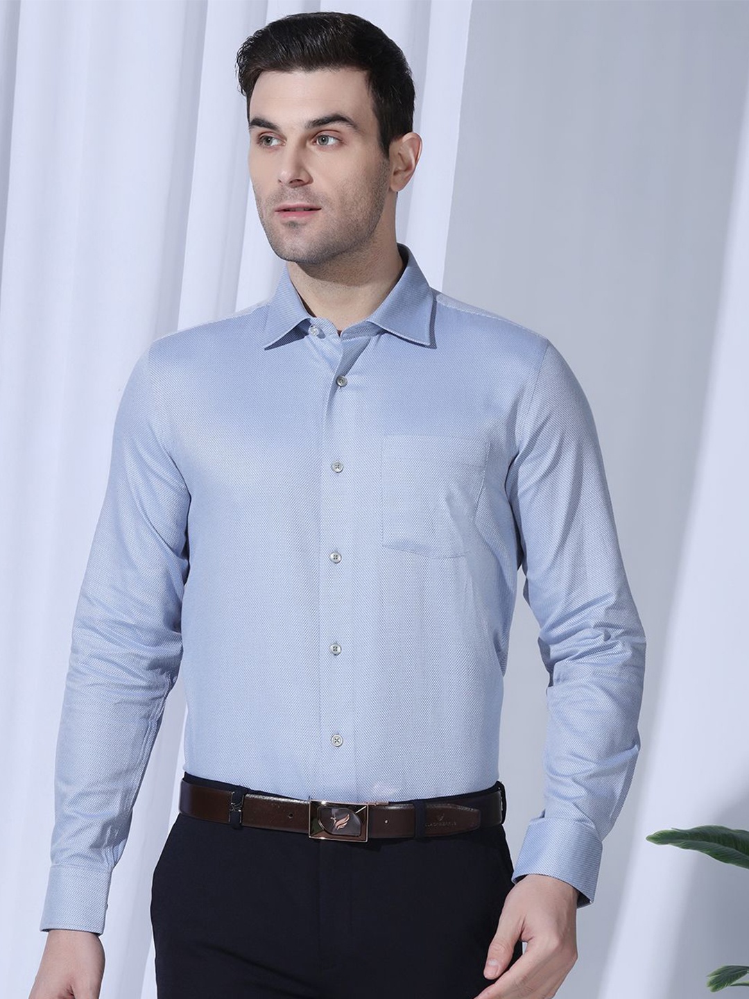 

Blackberrys Men India Slim Fit Spread Collar Textured Cotton Formal Shirt, Blue
