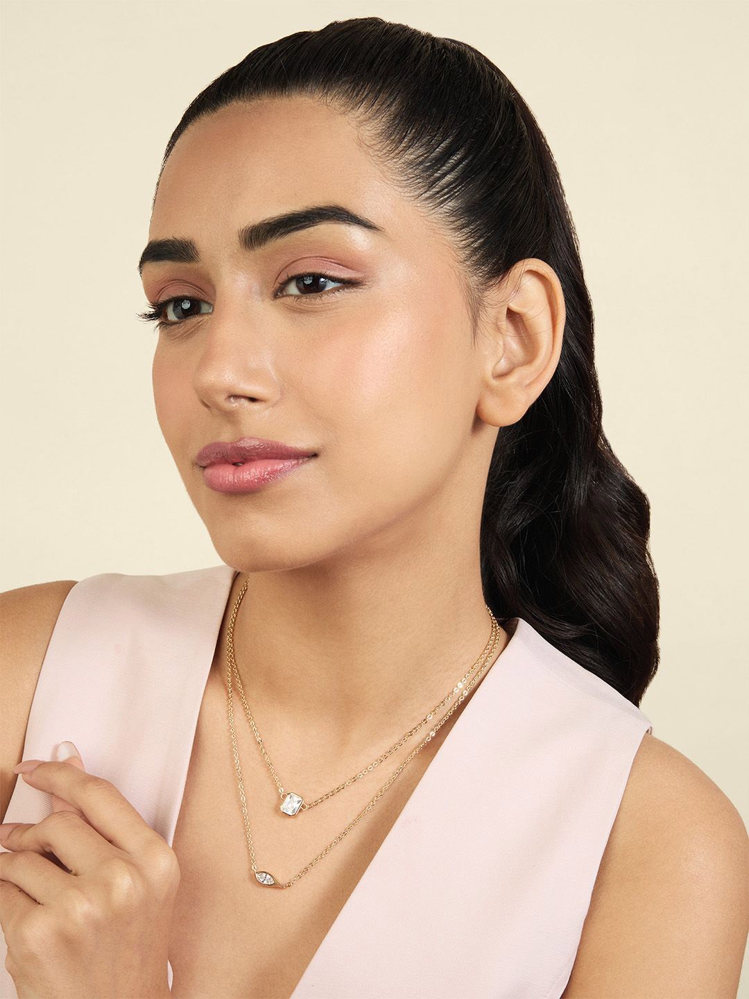 

Isharya Brass 18KT Gold-Plated Cubic Zirconia Stone Studded Tennis Eye Layered Necklace