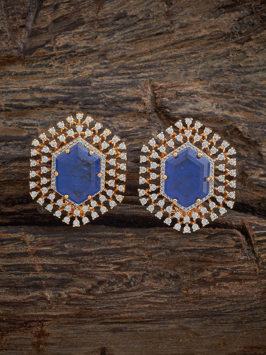 

Kushal's Fashion Jewellery Sapphire Gold-Plated Zircon Studded Geometric Studs Earrings