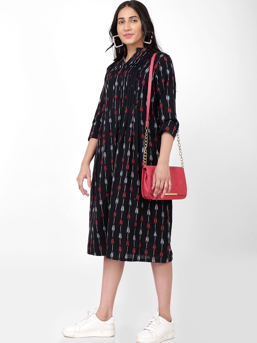 

Jivitha Women Printed Mandarin Collar Midi Shirt Dress, Black