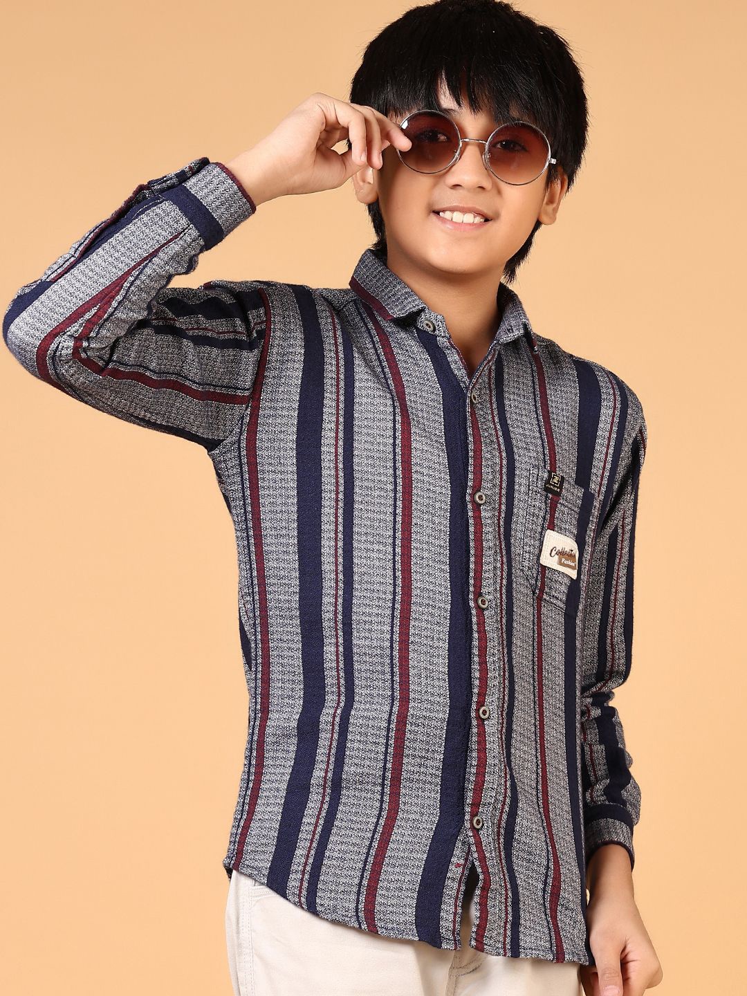 

V-Mart Boys Spread Collar Vertical Striped Cotton Casual Shirt, Navy blue