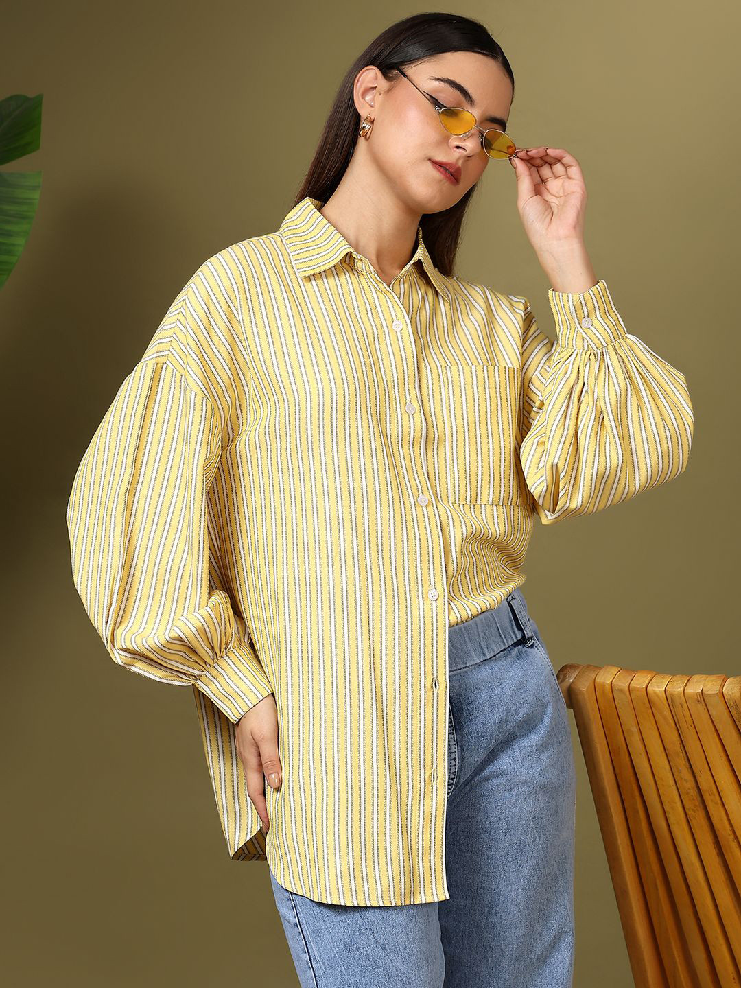 

Kotty Women Spread Collar Vertical Striped Cotton Casual Shirt, Yellow