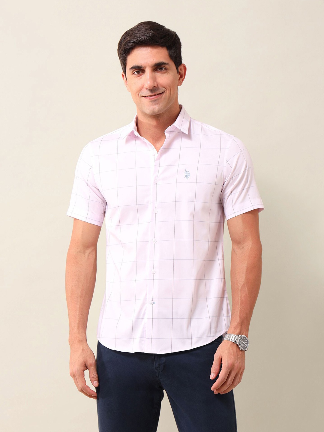 

U.S. Polo Assn. Men Tailored Fit Opaque Checked Casual Shirt, Pink