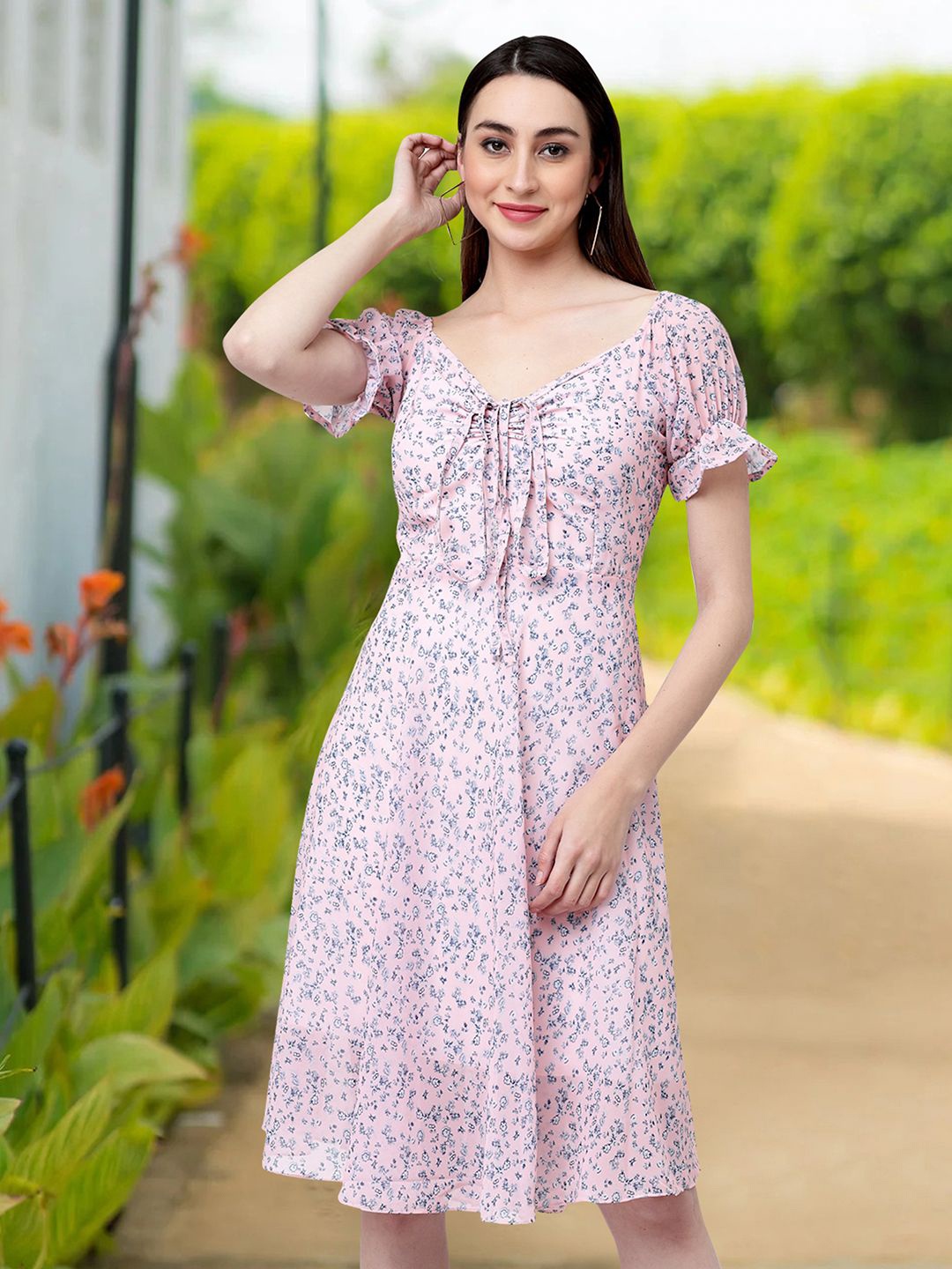 

MISS AYSE Floral Print Tie-Up Neck Applique Fit & Flare Dress, Pink