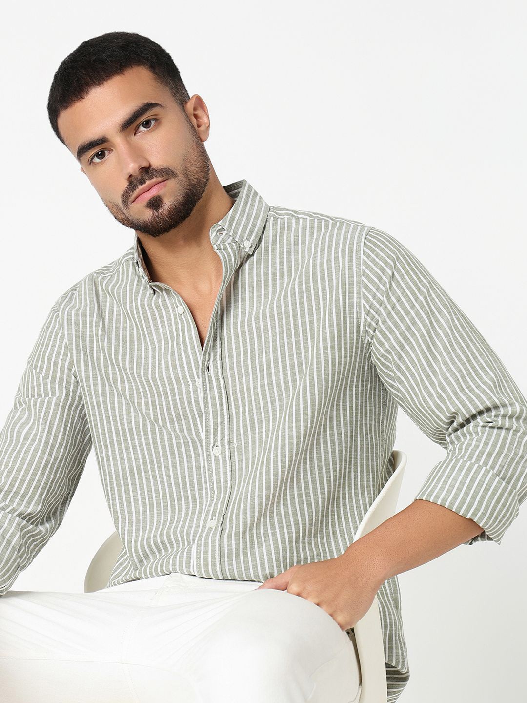 

R&B Men Button-Down Collar Vertical Striped Cotton Casual Shirt, Green