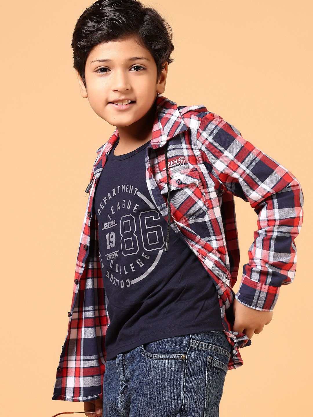 

V-Mart Boys Hood Tartan Checked Cotton Casual Shirt, Red