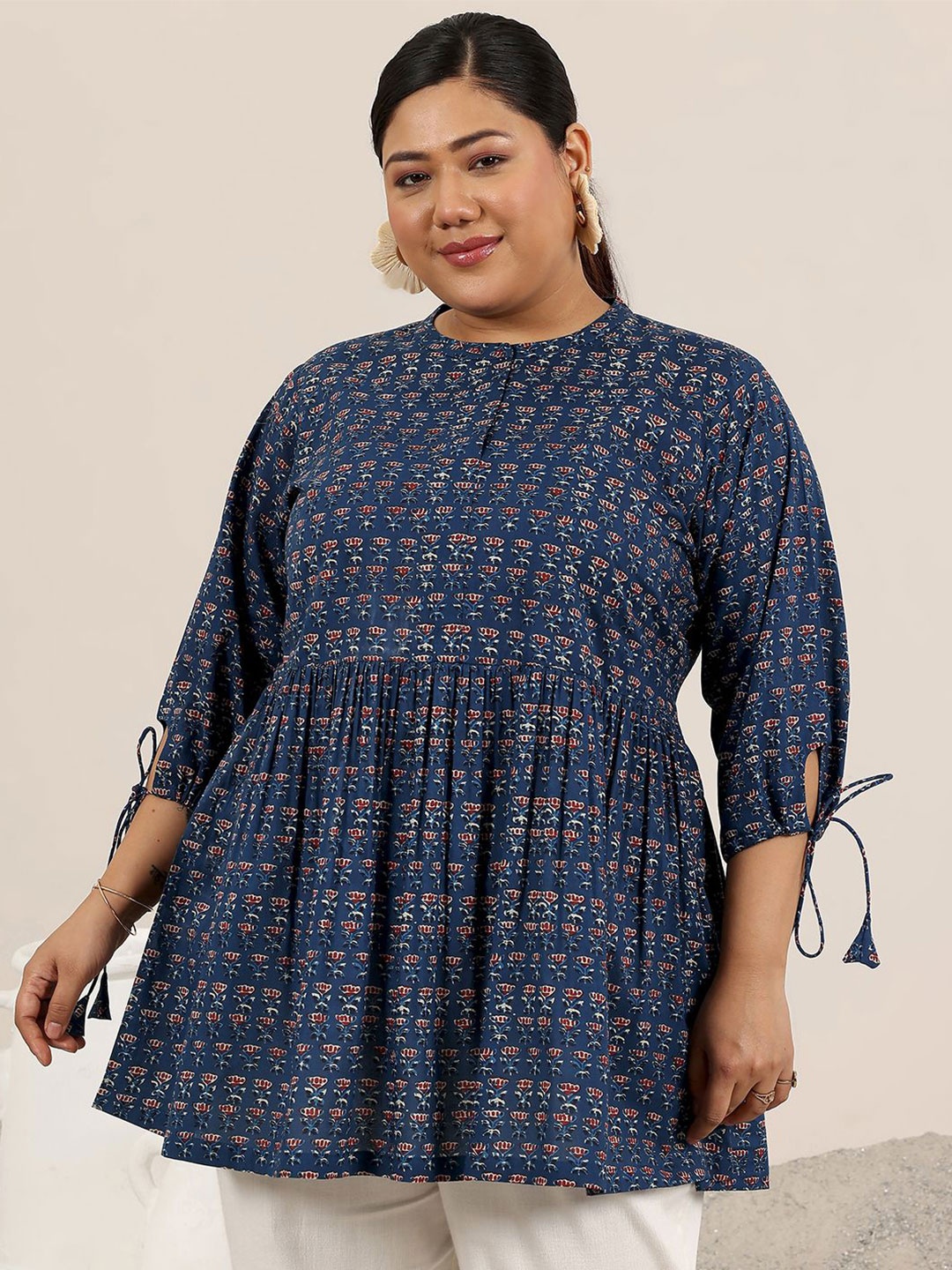 

EXTRA LOVE BY LIBAS Plus Size Ethnic Motifs Printed Boat Neck Pleated Kurti, Blue